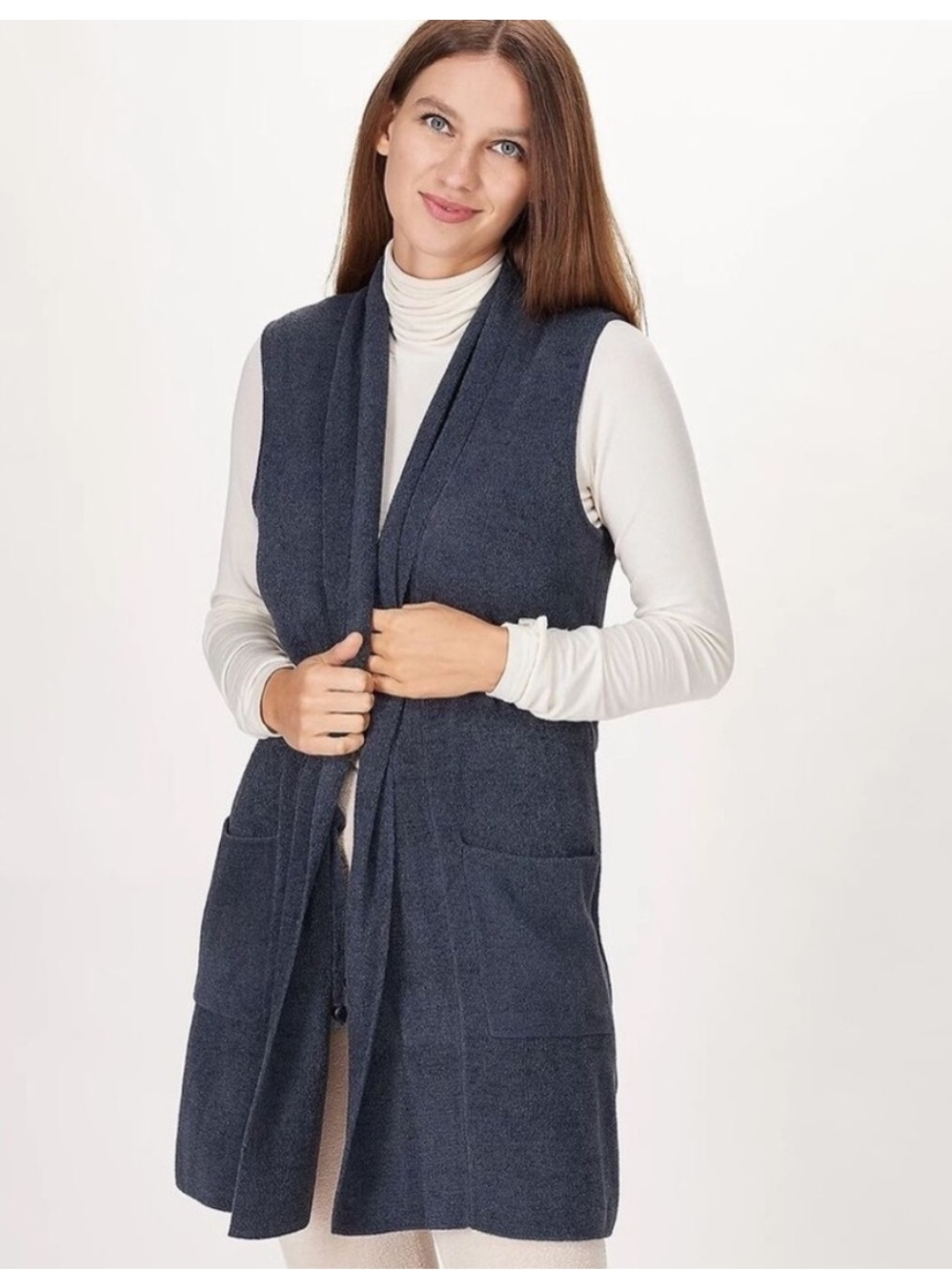 NWT Barefoot dreams size L Sleeveless Open-Front Knit Vest in indigo